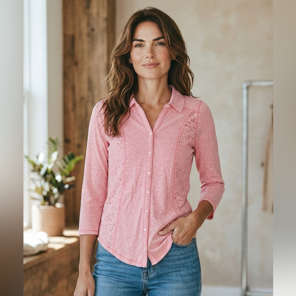 Hollister NEW - Sz S - Pink side Lace-Accent semi transparent - Top